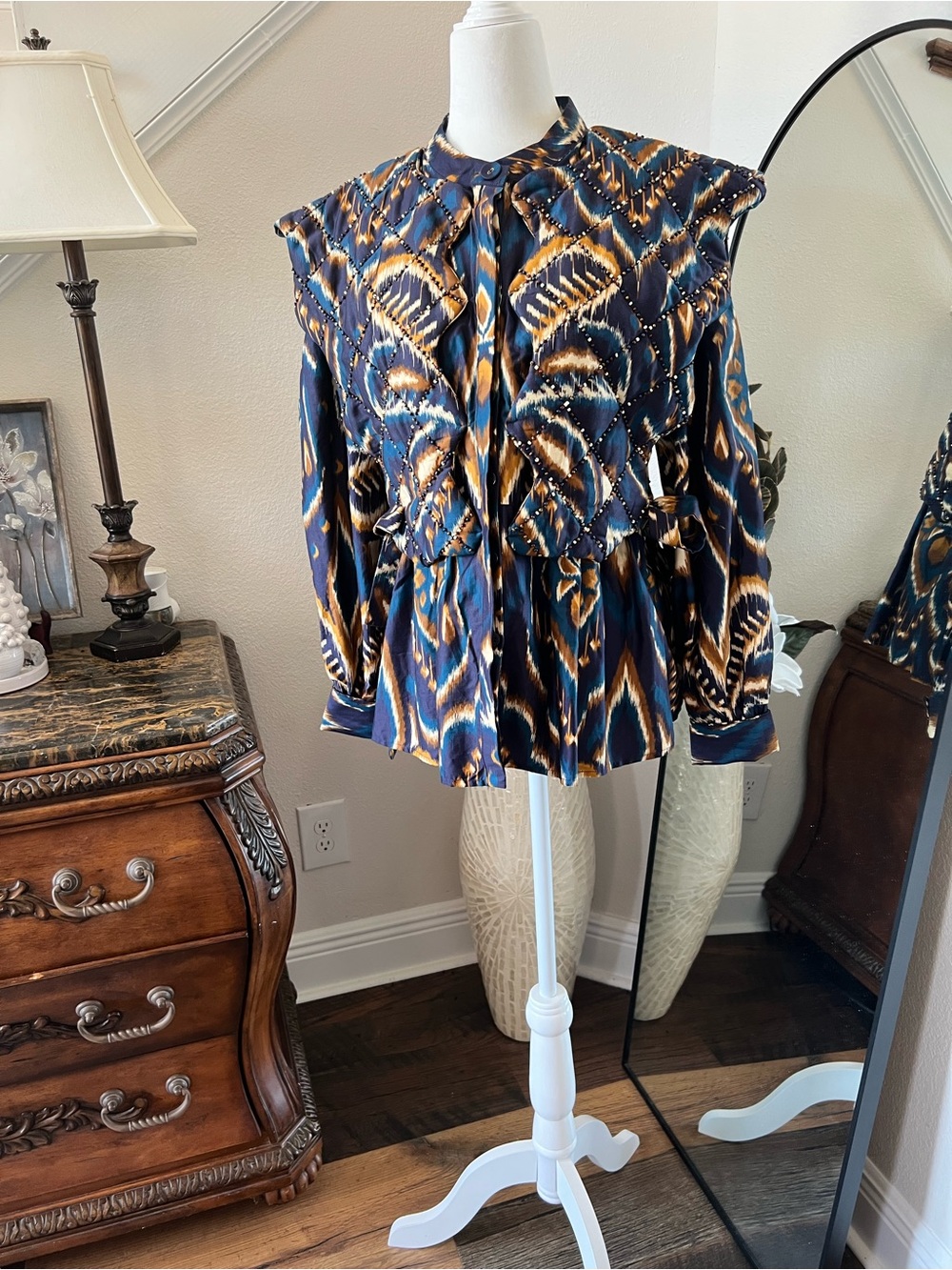 FARM Rio Blue and Gold Patterned Pleated Blouse